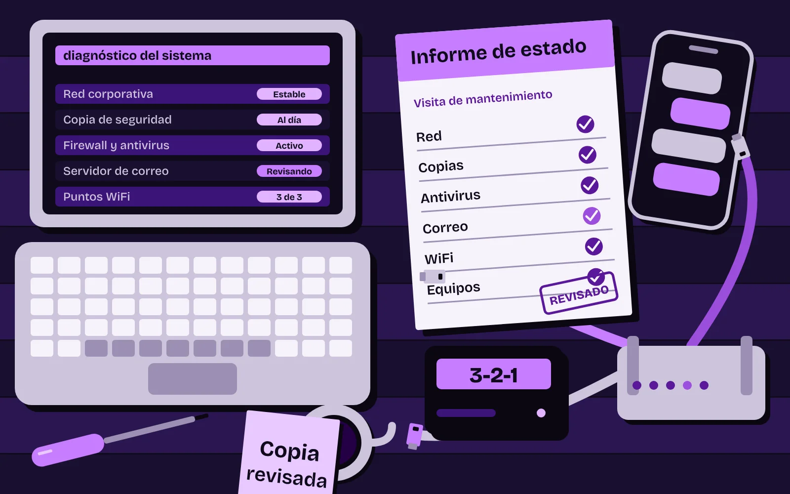 Mesa de trabajo de un técnico: portátil con el diagnóstico del sistema, informe de estado impreso, router, disco de copias y móvil con mensajes
